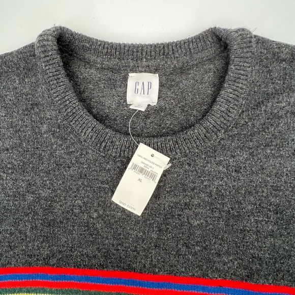GAP Mens‎ Crew Sweater Gray Rainbow Stripe Longsleeve Merino Wool Blend XL New - Picture 3 of 4